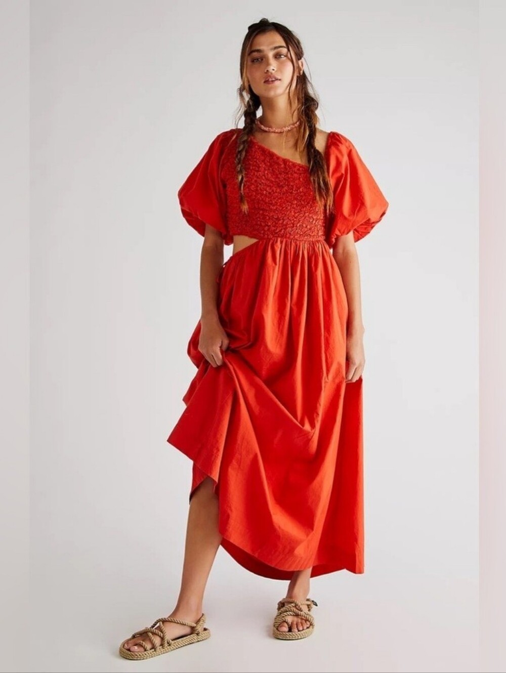 FREE PEOPLE  Kalina Cut Out Midi Dress Sz S Persimmon Orange Cotton